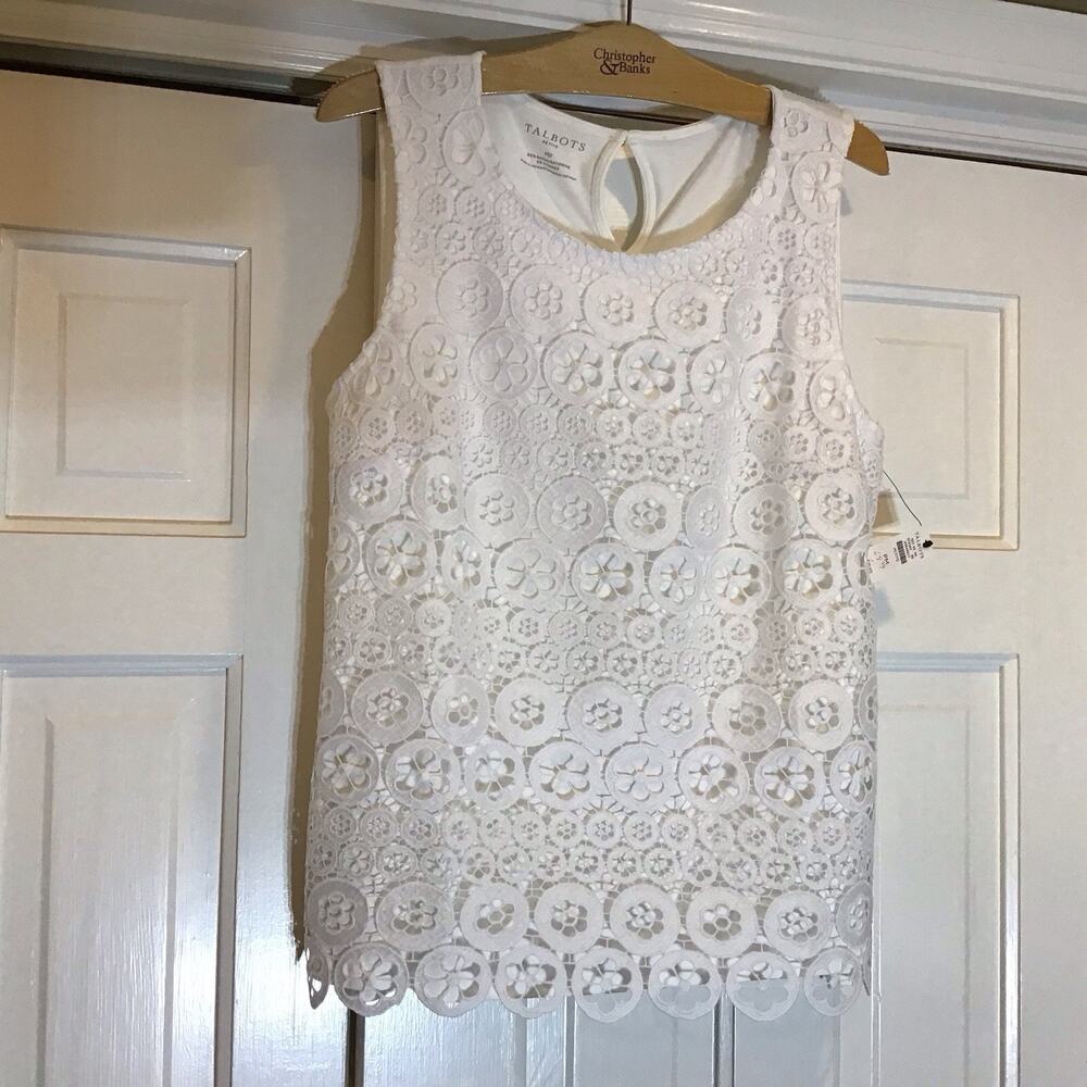 Talbots NWT $79 Lace Crochet White Tank Top Sz MP Cottage Coastal Classic Layer